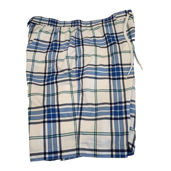 Merona Men's Large Swim Trunks Blue White Green Plaid Elastic Waist Drawstring - Picture 9 of 14